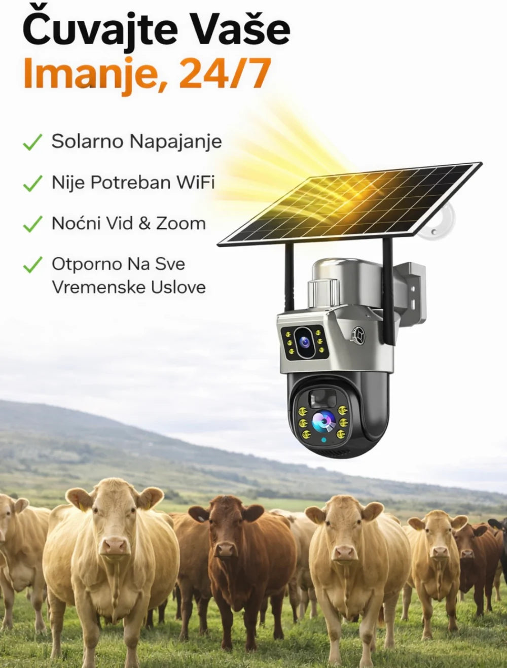 4G Solarna Dvoglava Kamera 360° sa Duplim Ekranom (Radi bez struje i WiFi-a)