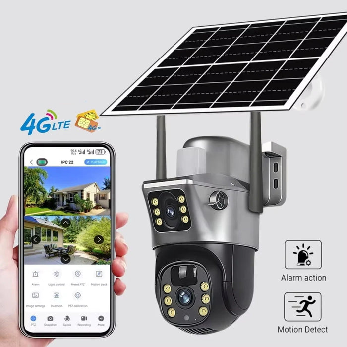 4G Solarna Dvoglava Kamera 360° sa Duplim Ekranom (Radi bez struje i WiFi-a)