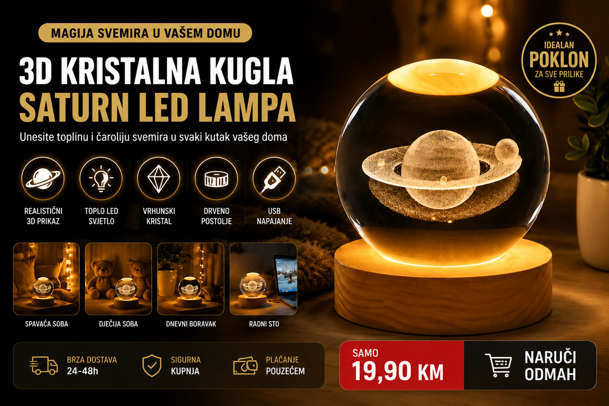 🪐 3D Kristalna Kugla – Saturn LED Noćna Lampa