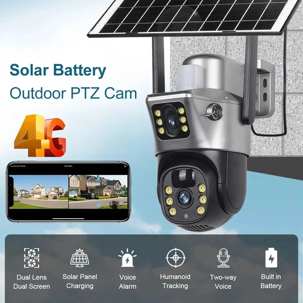 4G Solarna Dvoglava Kamera 360° sa Duplim Ekranom (Radi bez struje i WiFi-a)